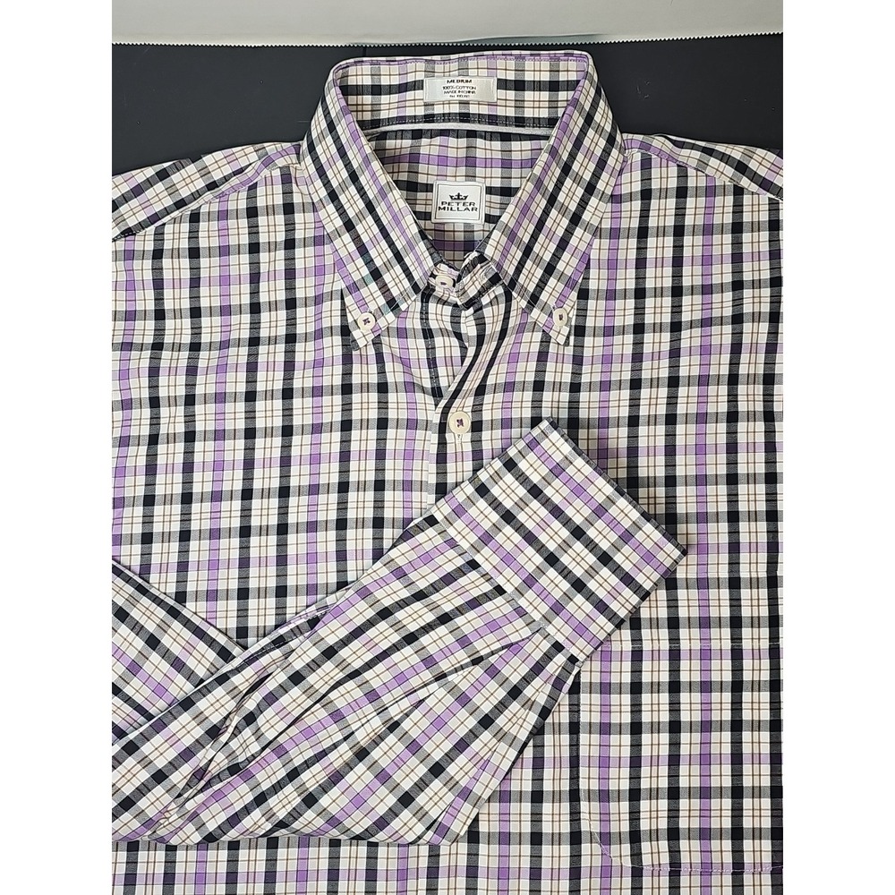 Peter Millar Size M Purple White Plaid Button Front Shirt Long Sleeve